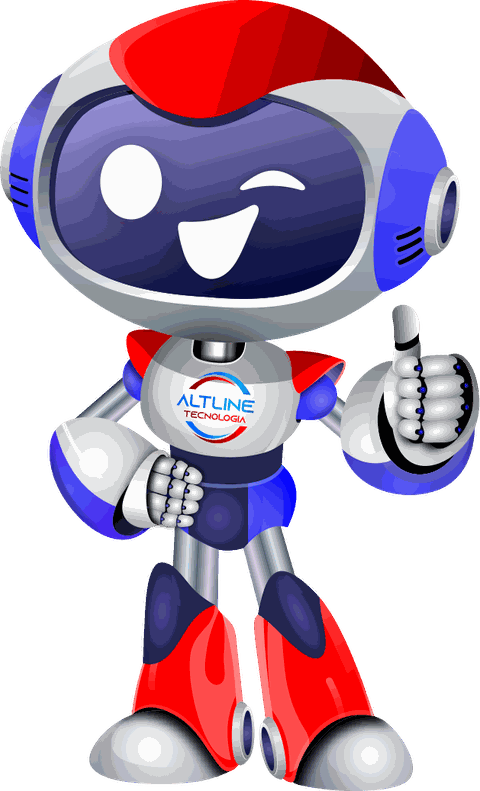 Mascote da Altline Tecnologia, um robô simpático fazendo joia